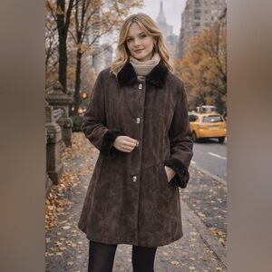 VINTAGE Y2K GALLERY SUEDE LEATHER COAT FAUX FUR TRIM DARK BROWN SIZE L